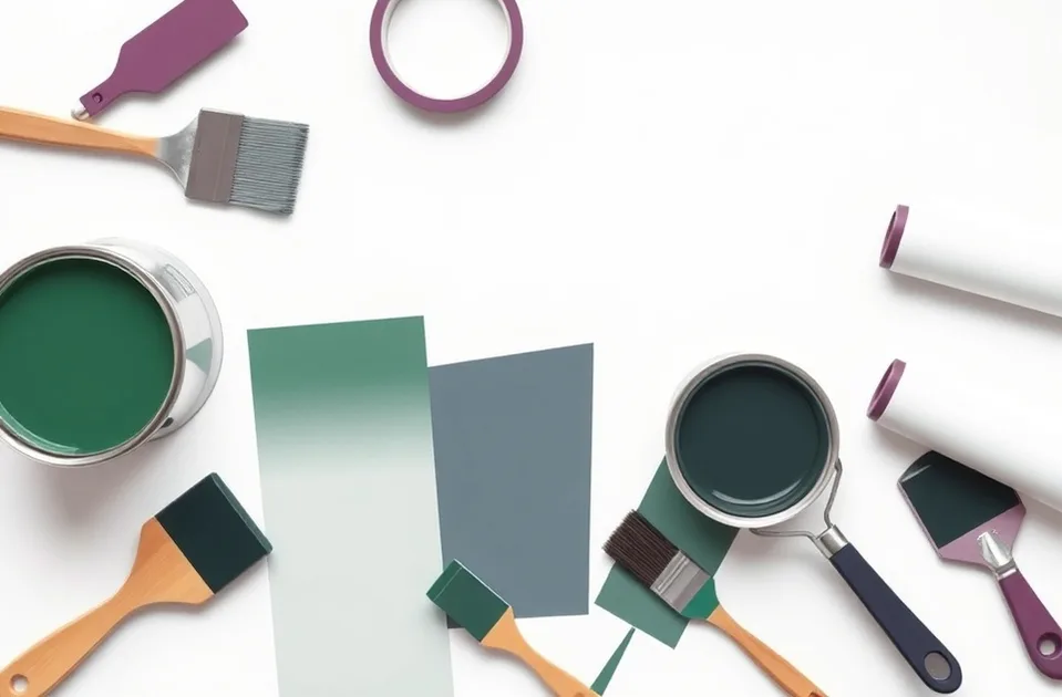 Pots de peinture, nuancier, brosses et rouleaux disposés à plat