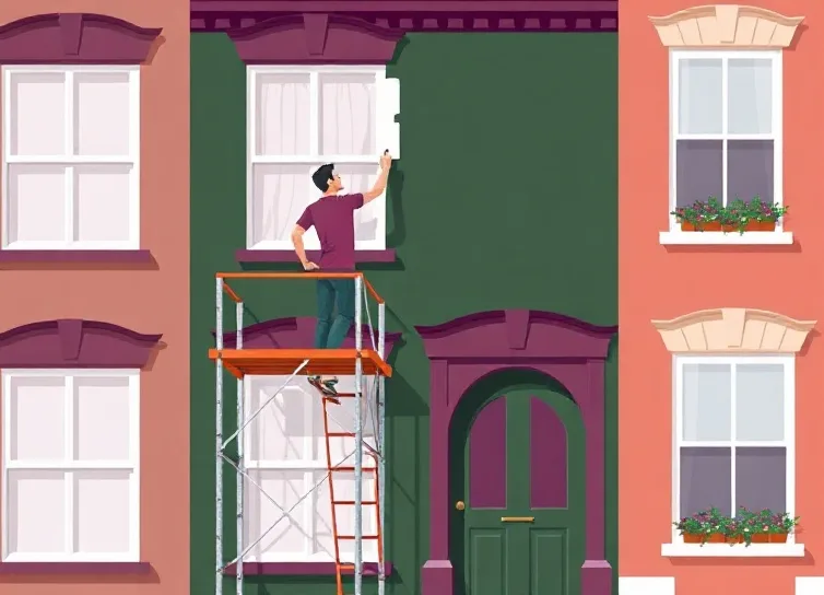 Peintre sur échafaudage traitant la façade d'une maison