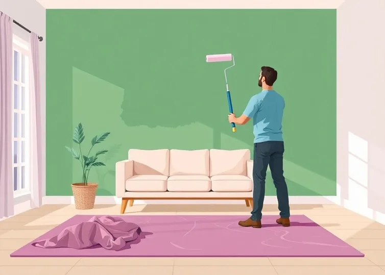 Peintre appliquant la peinture au rouleau sur un mur de salon